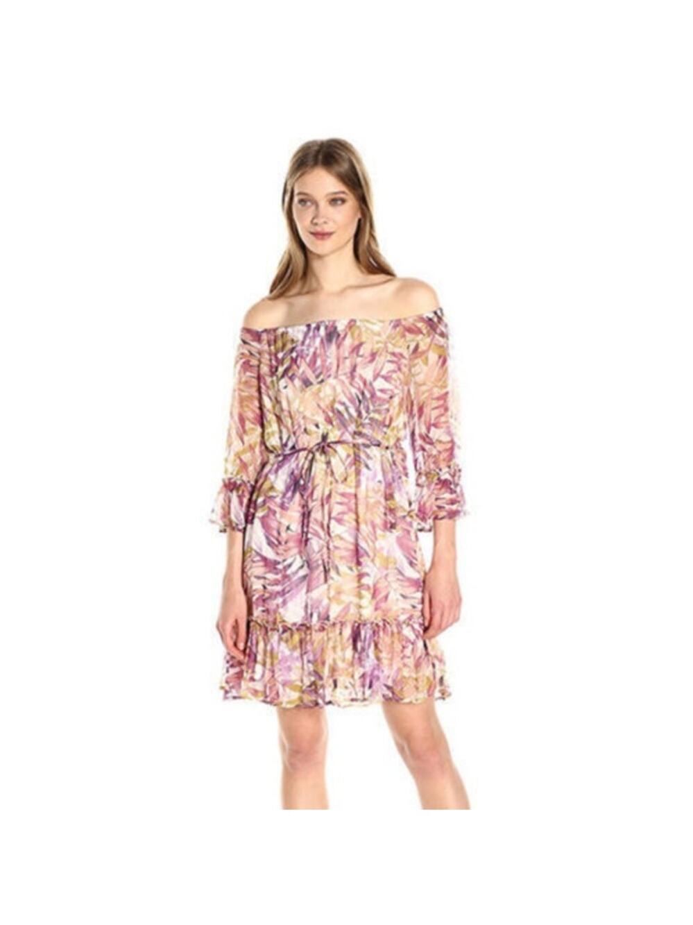 Lucky Brand Off The Shoulder Ruffle Boho Dress Women‎ M Tropical Sheer Peasant